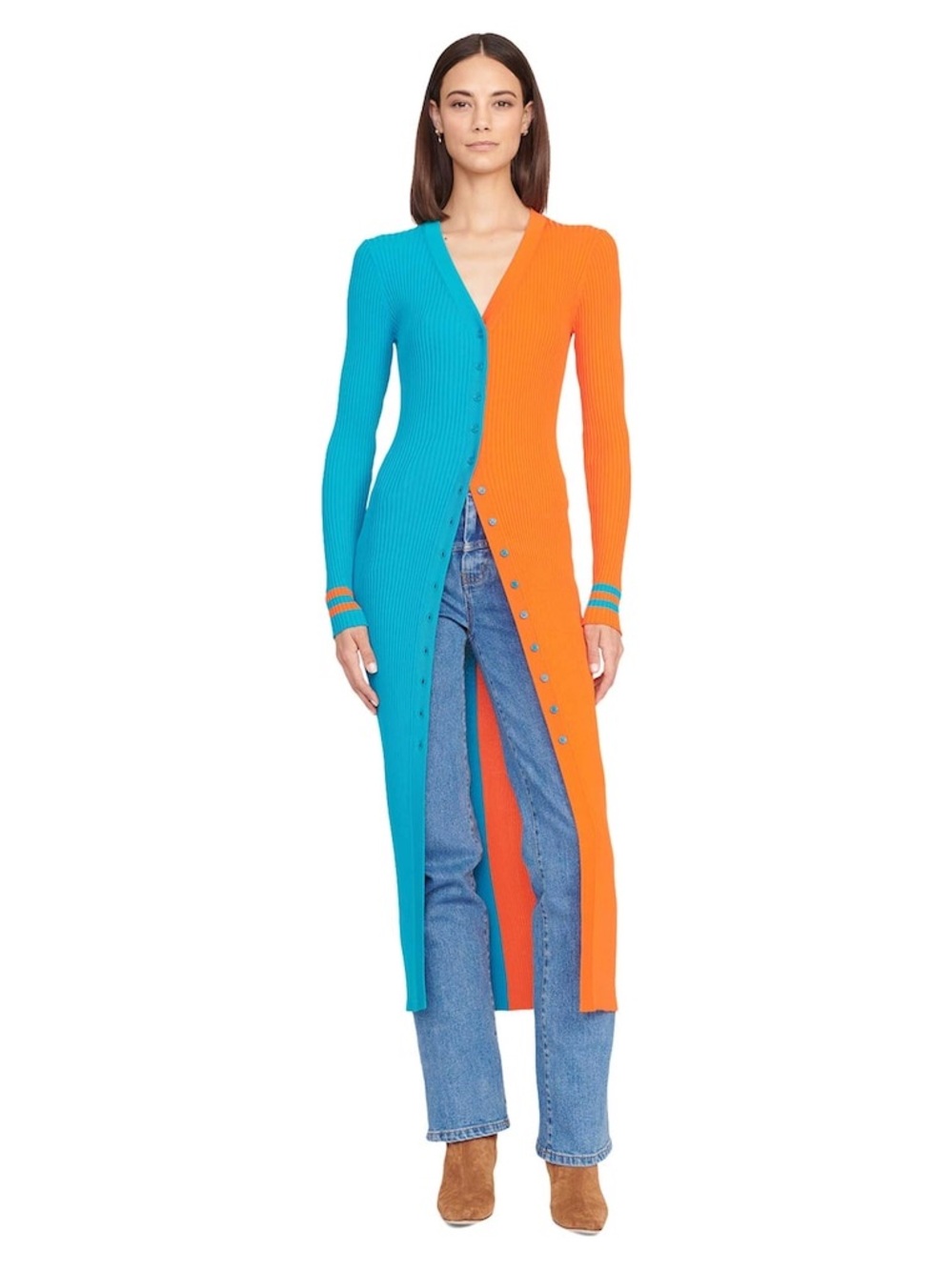 STAUD Miami Dolphins Aqua/Orange Shoko Knit Button-Up Sweater Dress Small